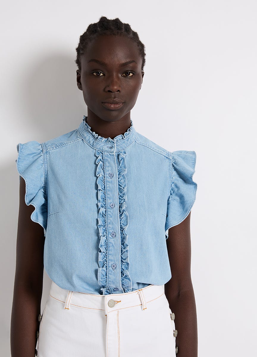 Ruffle denim top hot sale