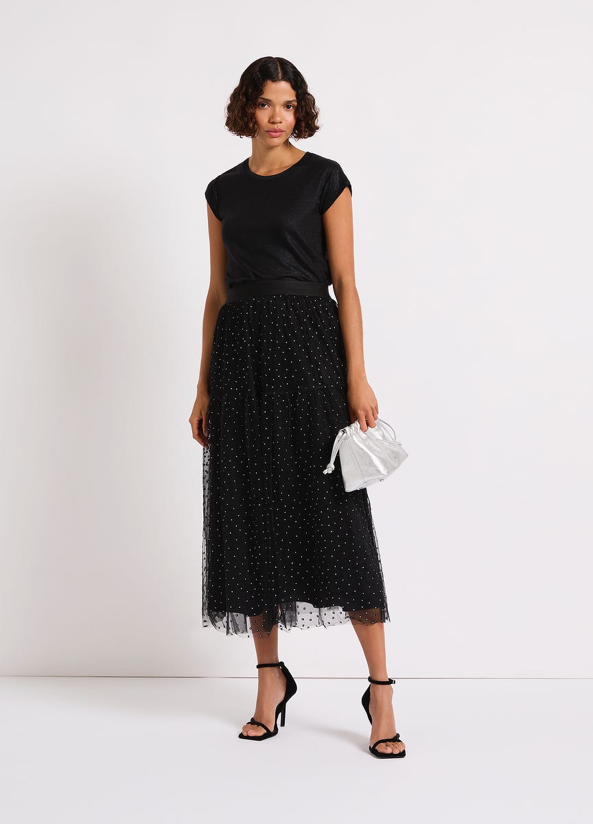 Metallic Floral Jacquard A-Line Midi Skirt in Black - Retro