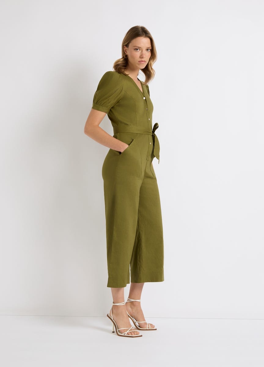 Linen deals khaki jumpsuit