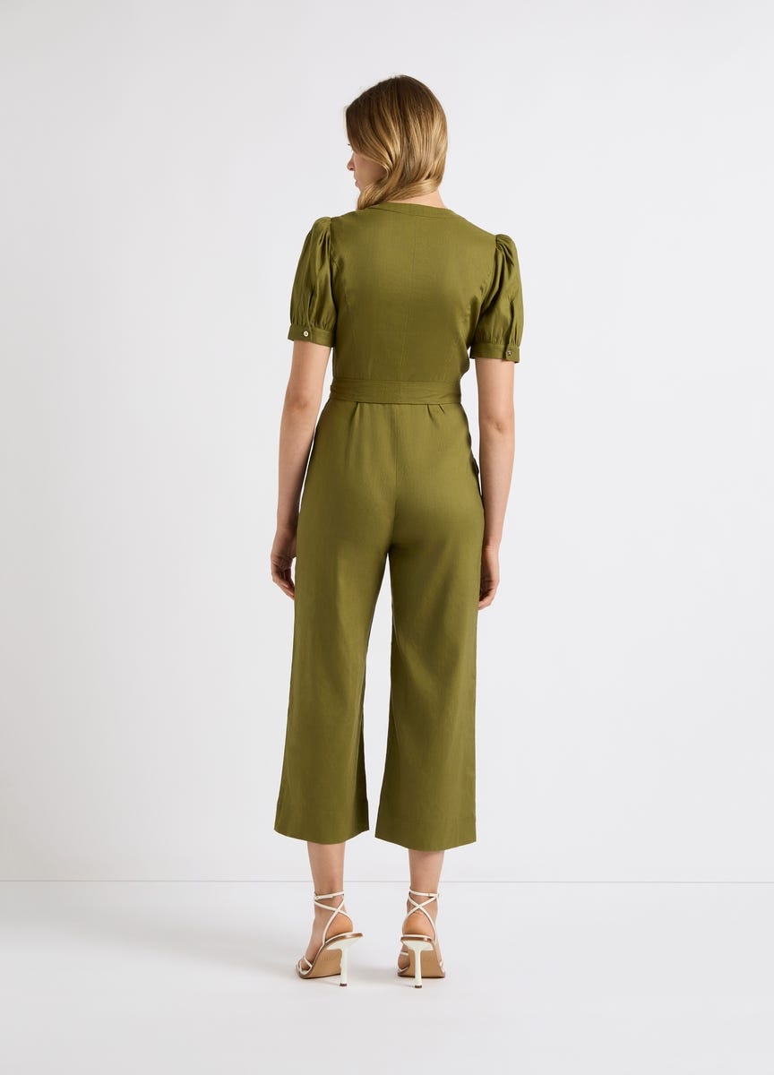 Linen khaki jumpsuit new arrivals