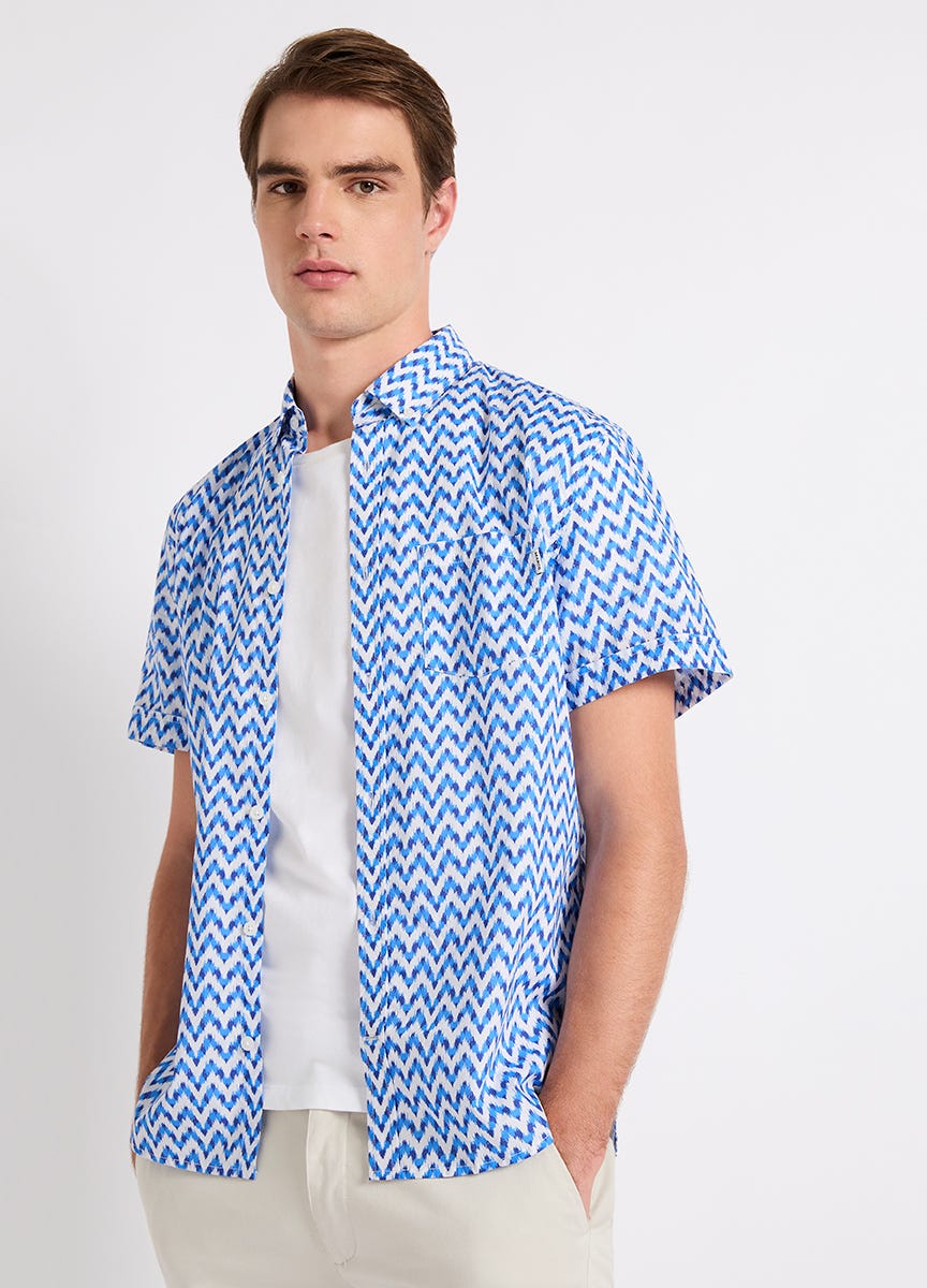 Chic loose blue white striped sale printed button short sleeve shirt