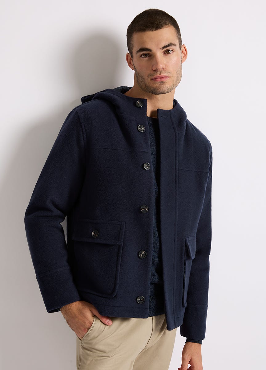 Woolen jacket with hood on sale